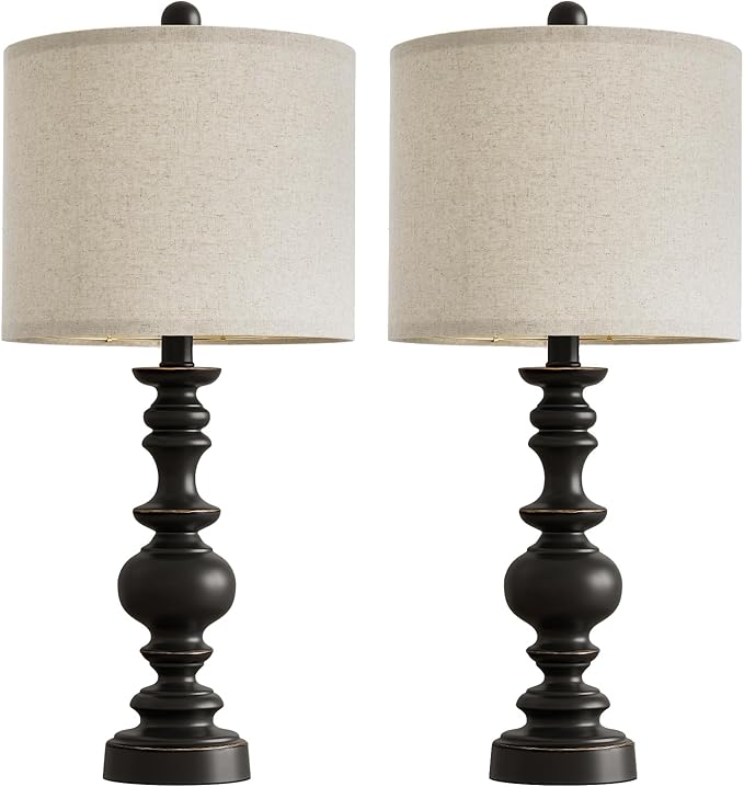 BOBOMOMO 24" Traditional Farmhouse Table Lamp Set of 2, Vintage Resin Lamps for Living Room Bedroom, Rustic Nightstand Lamp with Linen Shades, Retro Black Table Lamps for Living Room, Bedroom, Office