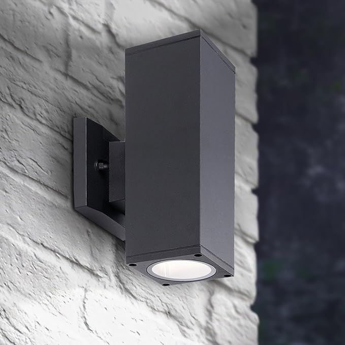 ASD 2 Light Square Outdoor Wall Light Fixture | 120W E26 Bulb Socket 120V ETL Cylinder Up Down Lights | LED/CFL/Incandescent Exterior Bulb Wall Sconce | Front Door, Porch, Patio | Black