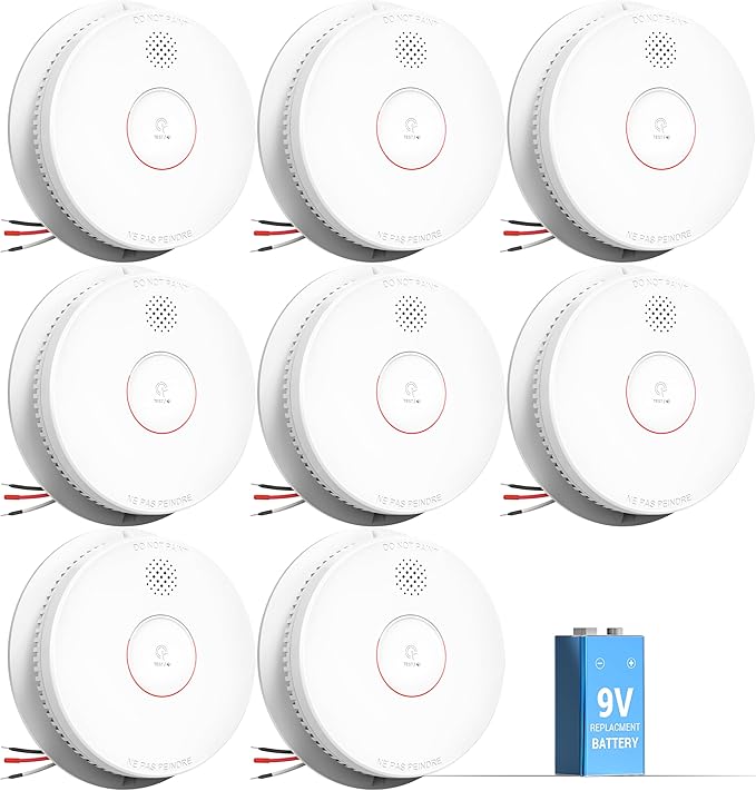SITERWELL Smoke Detector, Hardwired Interconnected Smoke Detector, Photoelectric Smoke Alarm with 9V Backup Battery, Fire Alarm with Test/Silence Button, UL217-10th Listed, GS562A, 8 Packs