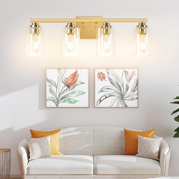 4-Light Bathroom Light Fixtures, 27" Modern Vanity Lights Over Mirror with Clear Glass Shades, Gold Wall Sconce, Classic Wall Light Fixture for Mirror Living Room Cabinet Bedroom Porch Kitchen