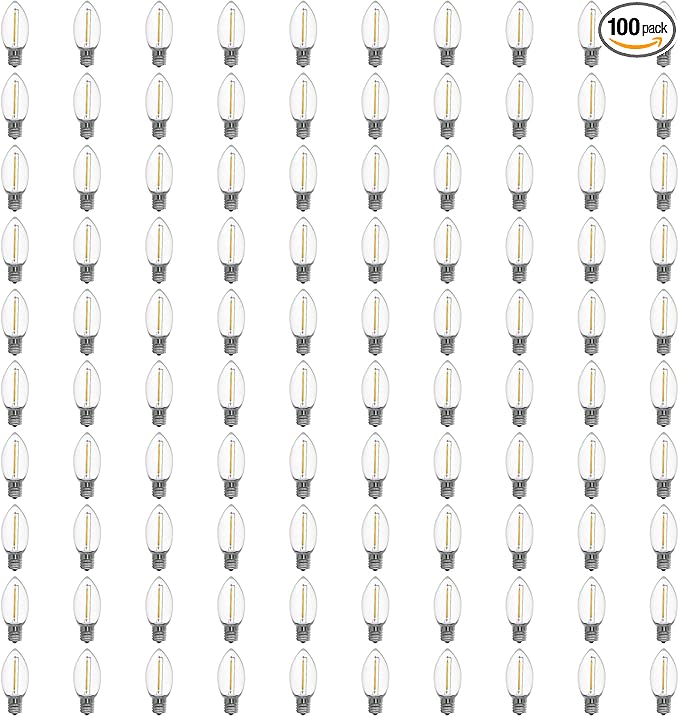 Meconard C9 Led Replacement Christmas Light Bulbs, 100 Pack C9 Shatterproof Plastic Led Bulbs for Christmas Outdoor String Lights, E17 Intermediate Base, Commercial Grade Holiday Bulbs, Warm White.