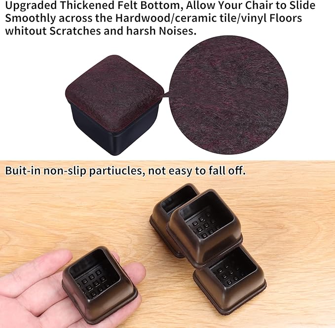 Ezprotekt 24 Pcs Square Chair Leg Floor Protectors with Felt, Silicone Felt Furniture Pads for Hardwood Floor, Dining Table Leg Caps Covers No Scratches and Noise (L Fit: 1" - 1.4", Black)