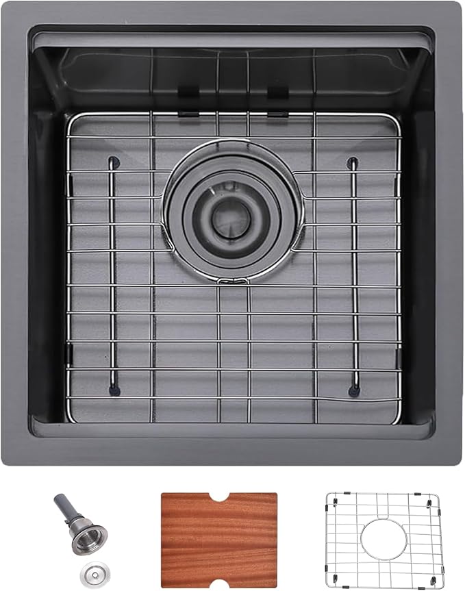 SHACO 15x15 Black Undermount Bar Sink, 15 Inch Gunmetal Black Single Bowl Kitchen Sink, Handmade Stainless Steel 16 Gauge Workstation Laundry Single Bowl with Accessories