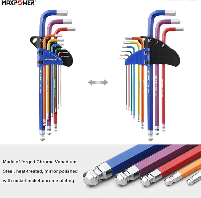 MAXPOWER 18-Piece Hex Key Allen Wrench Set, Hex Key Set SAE & Metric Extra Long Arm Ball End Set with T-Handle