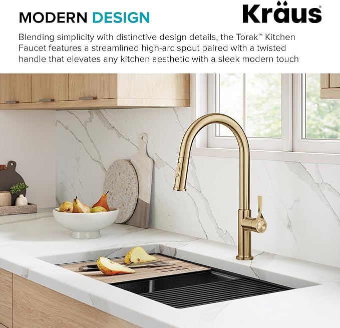 KRAUS Torak Pull Down Kitchen Faucet in Spot-Free Brushed Brass with 2 Function Sprayer, Pre-Attached Water Lines, and Mounting Hardware, KPF-2840SFBB
