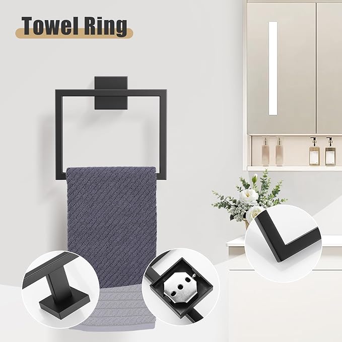 YACVCL 5-Pieces Matte Black Bathroom Hardware Accessories Set 23.6 Inch Towel Bar Set Upgraded Toilet Paper Holder with Shelf Stainless Steel Wall-Mounted Bathroom Hardware Set