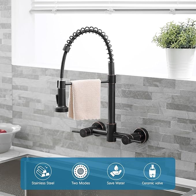 AIMADI Oil Rubbed Bronze Kitchen Faucet Wall Mount 8 Inch Center,Commercial Spring Kitchen Sink Faucet with Pull Down Sprayer,Dual Handle Farmhouse Contemporary