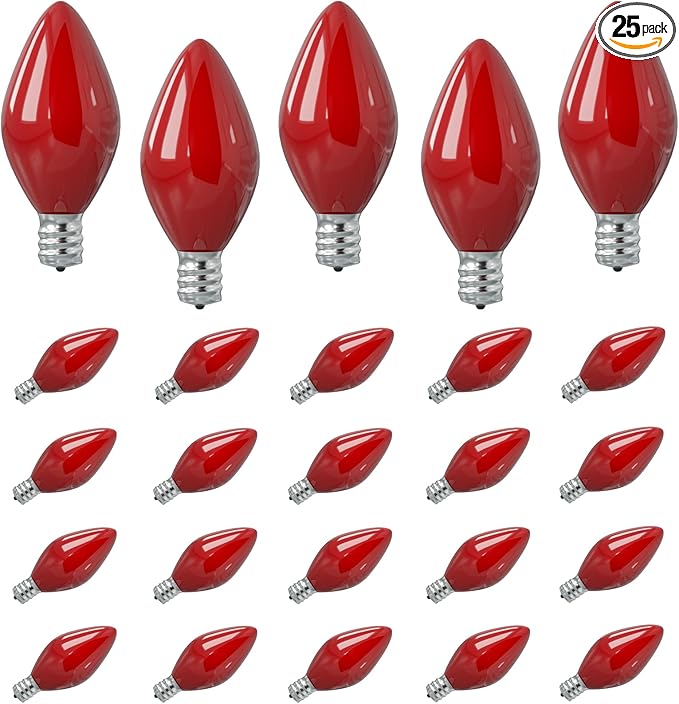 SUNSGNE 25 Pack C7 LED Red Replacement Christmas Light Bulbs, 0.6W LED Night Light Bulbs for Christmas Indoor Outdoor Patio String Lights, C7/E12 Candelabra Base
