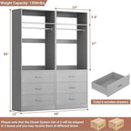 Closet System Set of 2, 4FT Closet Systems with 6 Wood Drawers, 48" Closet Organizer System with 2 Hanging Rods & 2 Shelves, Heavy Duty 48 Inch Walk-in Closet, Grey (48"L x 15" W x 80" H)