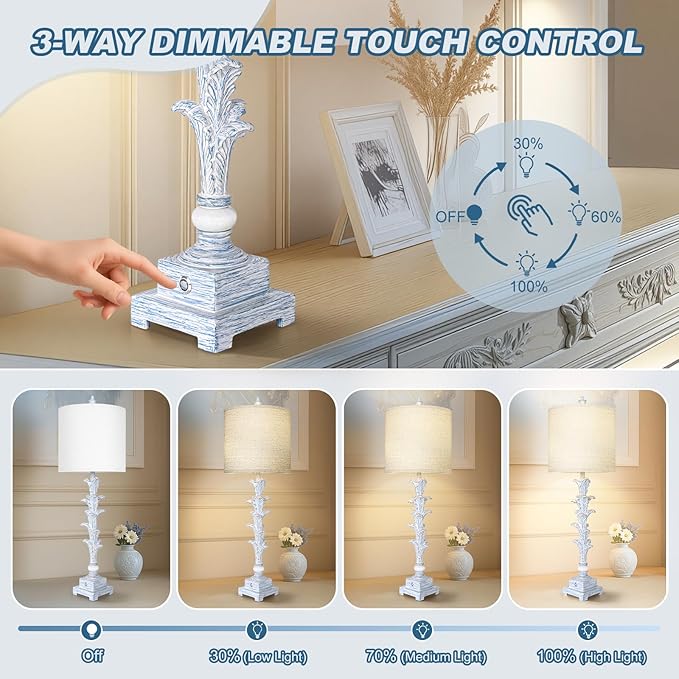 33'' Touch Table Lamp Set of 2 for Living Room , 3-Way Dimmable Buffet Lamps with USB Ports and White Shade, Vintage Farmhouse Bedside Nightstand Lamps for Bedroom Office Study Dinning (Bulb Included)