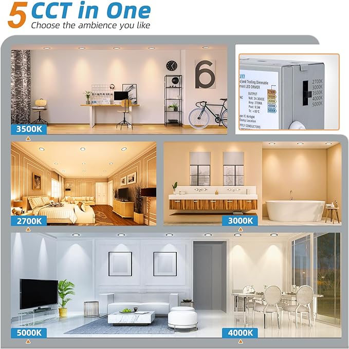 VOLISUN 24 Pack 6 inch Recessed Lighting, 5CCT LED Recessed Light Black, 2700K-5000K Selectable, 13W Eqv 120W, 1080LM Dimmable Canless Wafer Downlight, LED Ceiling Light ETL Certificated