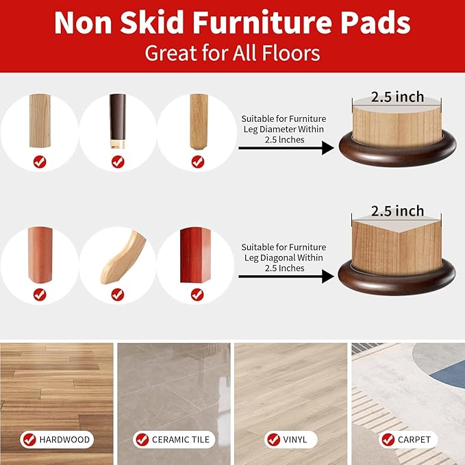 Ezprotekt 2.5 inch Non Slip Round Wood Furniture Pads for Hardwood Floors, 4 Pcs Anti Slip Furniture Coaster for Chair Sofa Bed Couch, Furniture Cups with Anti-Slide EVA Anti-Scratch (Dark Brown)