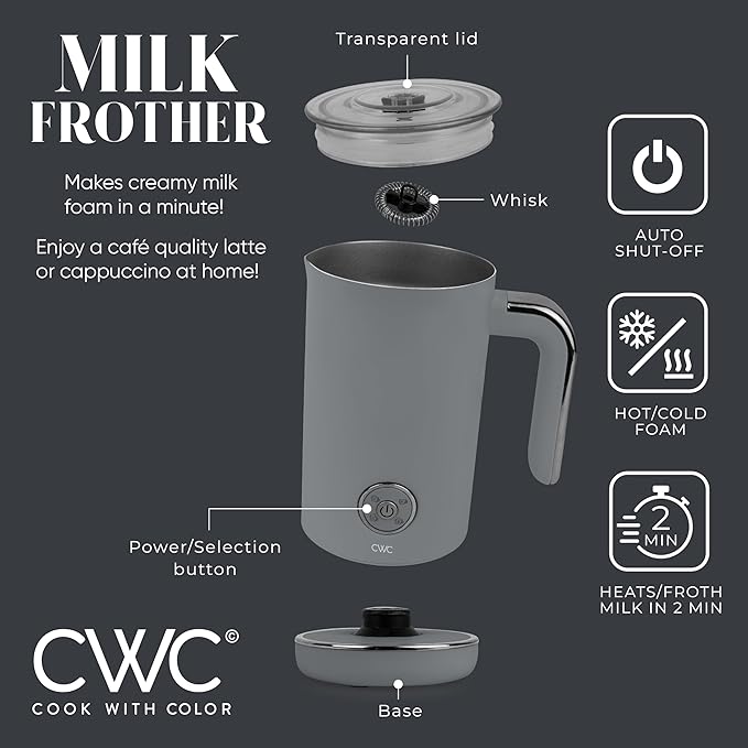COOK WITH COLOR 4-in-1 Electric Milk Steamer and Frother - 2-Minute Heating and Frothing, Hot and Cold Foam Maker for Coffee, Latte, Cappuccino, Macchiato, Milk Warmer, Auto Shut Off, Grey