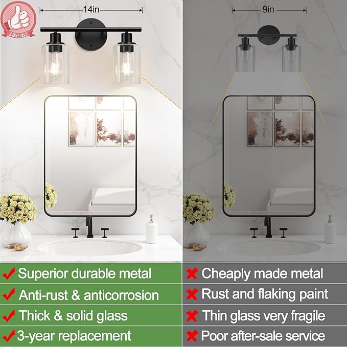 2-Light Bathroom Light Fixtures, Black Modern Vanity Lights with Clear Glass Shade, Bathroom Wall Lamp for Mirror Kitchen Living Room Hallway Cabinet Porch