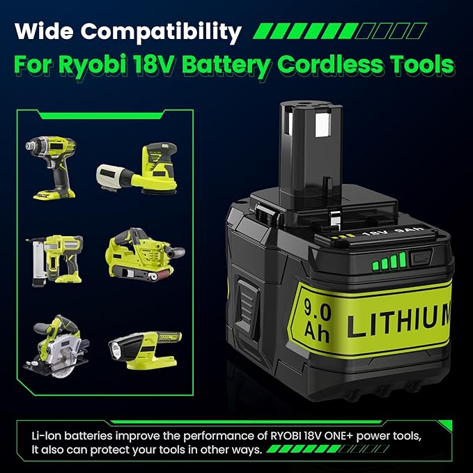 9.0Ah 18V P109 P108 P102 Replacement for Ryobi 18V Battery P103 P104 P105 P107 P106 18Volt ONE+ Lithium-Ion Cordless Power Tool Battery, 2Pack