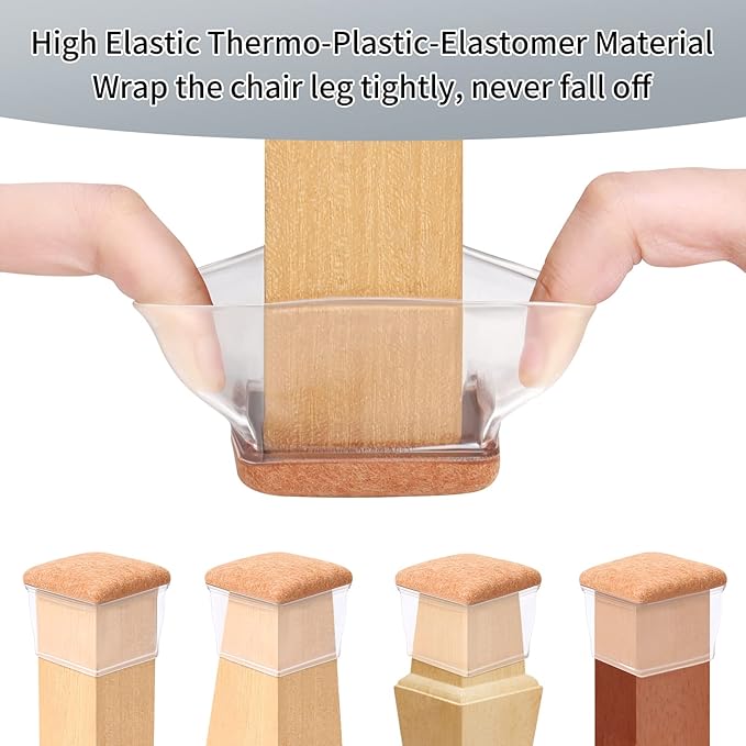 Ezprotekt 24 Pcs XL Square Clear Chair Leg Floor Protectors, Silicone Felt Furniture Pads Caps for Hardwood Floor, Dining Table Bar Stool Leg Protectors Leg Cups Covers (XL Fit: 1.5"-2")