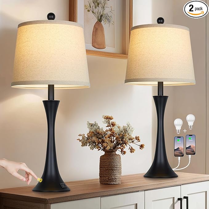 27.5" Table Lamps Set of 2, Touch Bedside Lamps with USB C+A Ports, 3 Way Dimmable Nightstand Lamps for Bedroom, Living Room, Office, Black Lamp with Beige Lampshade, Bulbs Included