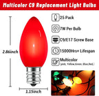 25 Pack C9 Multicolored Replacement Bulbs, 7 Watts Night Light Bulbs, C9 Colored Ceramic Incandescent Bulbs for Vintage Christmas Lights Outdoor Indoor Home Party Decorations, E17 Candelabra Base