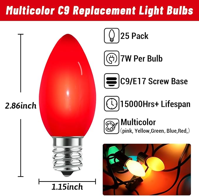 25 Pack C9 Multicolored Replacement Bulbs, 7 Watts Night Light Bulbs, C9 Colored Ceramic Incandescent Bulbs for Vintage Christmas Lights Outdoor Indoor Home Party Decorations, E17 Candelabra Base