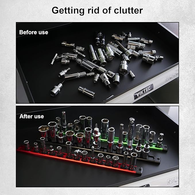 Magnetic Socket Holder Organizer Set: 6-Piece 1/4, 3/8, 1/2 Drive Socket Trays Socket, 360° Swivel Clips Socket Holder Kit, For Automotive Mechanic Garage (Black Red Green)