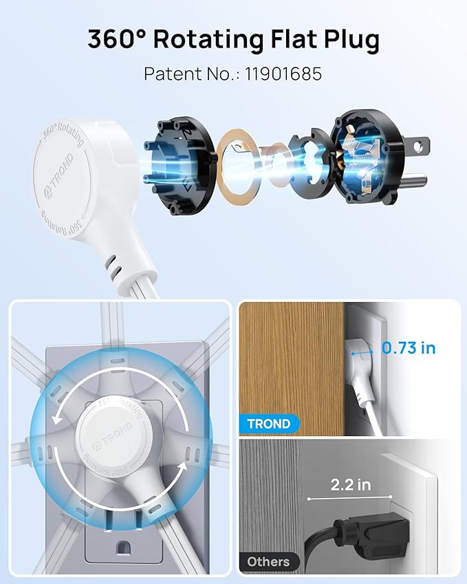 TROND 360° Rotating Plug 3FT Extension Cord, 4 Widely Spaced AC Outlets, Flat Plug Surge Protector, Wall Mount, Surge Protection Power Strip for Travel Kitchen Dorm Room Essentials, White