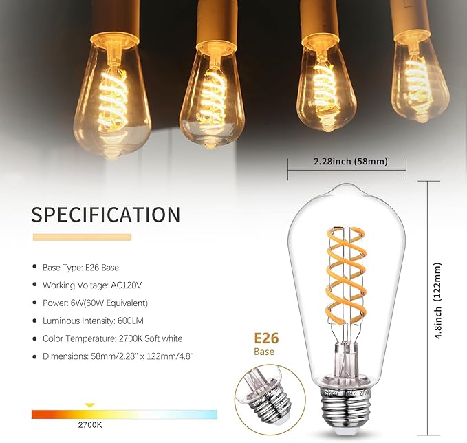 16 PCS Dimmable Vintage LED Edison Bulbs, 6W Equivalent 60 Watt, Warm White 2700K, Antique Flexible Spiral LED Filament Light Bulb, ST58 (ST19), 600 Lumens, E26 Base, Clear Plastic