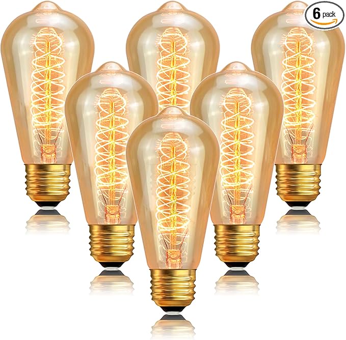 ST64 Incandescent Light Bulbs 110V 40W Edison Bulbs 6 Pack,Amber Vintage 240LM,E26 Base 2200K Dimmable Decorative Antique Wire Wound Incandescent Bulb for Chandelier Pendant Lamps