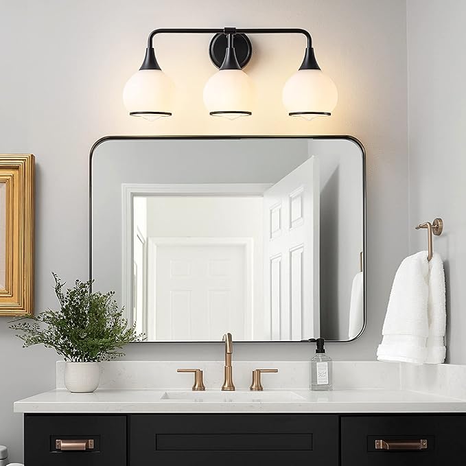 Black Bathroom Light Fixtures 3-Lights Vanity Lights with Milky White Frosted Glass Shade Bathroom Vanity Light 22.4 inch Wall Sconce Lighting Bath(Exclude E26 Bulb)