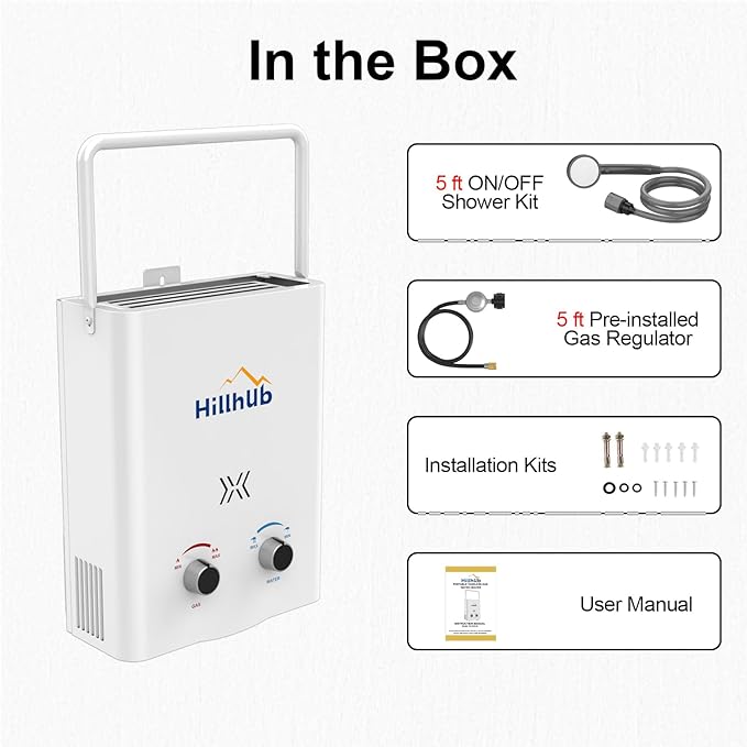 Hillhub Portable Propane Tankless 34,000BTU Water Heater, 1.32GPM Outdoor Shower Water Heater for Camping 5L, Anti-freezing Protection
