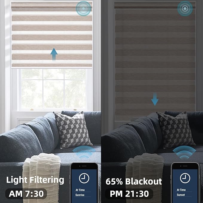 SmartWings Motorized Zebra Blinds with Remote, Smart Control Light Filtering Sheer Shades for Indoor Windows, Electric Customized Automatic Blind, 95mm 60% Blackout Gold