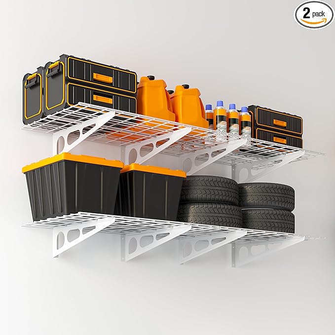 2x6 ft Garage Shelving, 2-Pack Wall-Mounted Shelves for Garage, Kitchen, Pantry Storage, 800 lbs Total Load Capacity Storage Wall Shelving, White