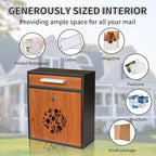 Wall Mount Mailbox, Large Capacity Mailbox for House Outside Galvanized Steel Rust-Proof Metal Post Drop Box, 12"×10.5"×4.7" Flower Hollowed Wooden Patterned Metal Sheet Black