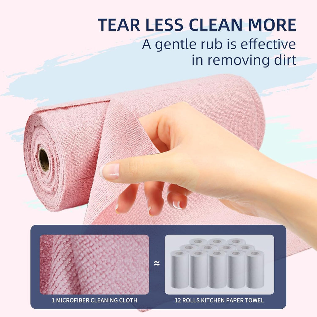 Microfiber Cleaning Cloth Roll - 50 Pack, Tear Away Microfiber Towels, 12" x 12", Reusable, Washable, Streak Free, Ultra Absorbent Dish Rags for Car, Home, Garage or Shop (Pink)