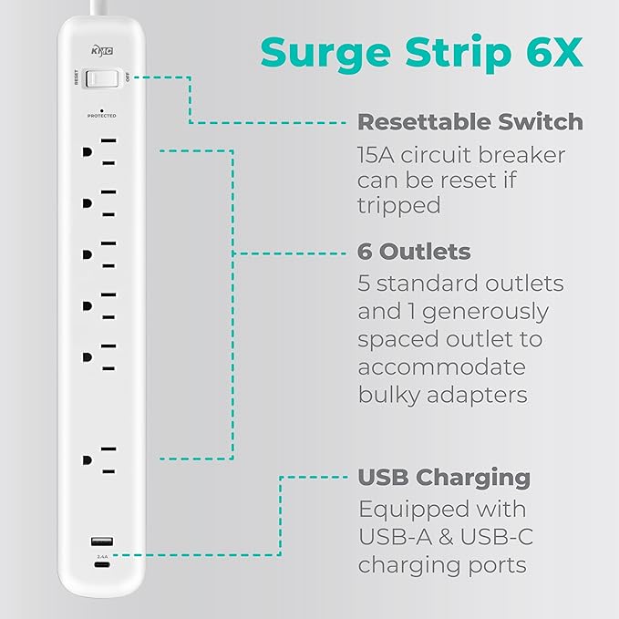 KMC 6-Outlet Surge Protector Power Strip, 1 USB-A & 1 USB-C Port, 840J Power Surge Protectors, 6ft Extension Cord, Flat Plug, White Power Strip Surge Protector, ETL/UL Certified Power Strips, White