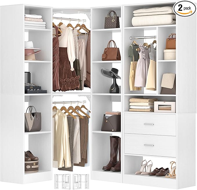 Corner Closet System with 2 Sets, 63.2" Corner Closet Organizer System with 2 Drawers + 18 Shelves + 3 Hanging Rods, Reversible L Shaped Walk-in Closets, White (63.2" L x 39.2" W x 80" H)