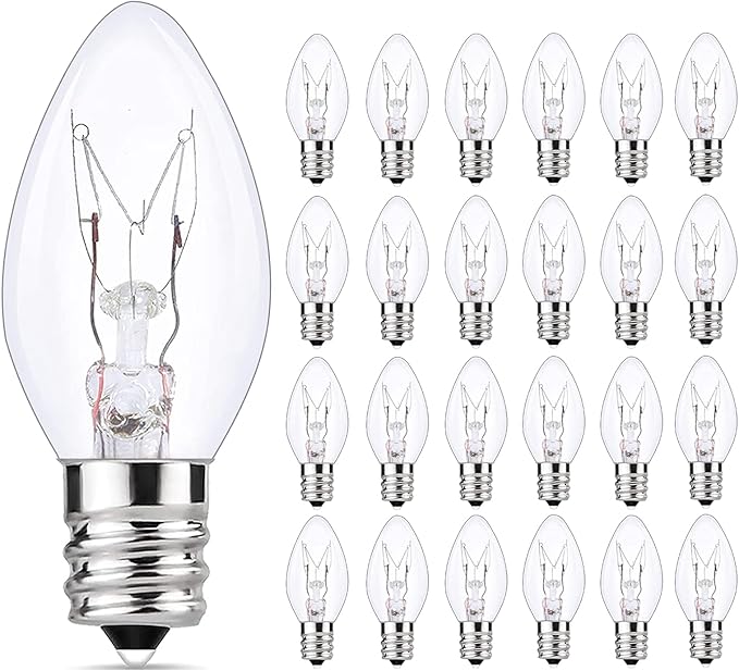 SUNSGNE 25 Pack Clear Replacement Bulbs Night Light Bulbs, C7 Clear Christmas Incandescent Light Bulbs for Night Light Salt Lamp Outdoor Patio String Light, E12/C7 Candelabra Base, 120 Volt, 5 Watt