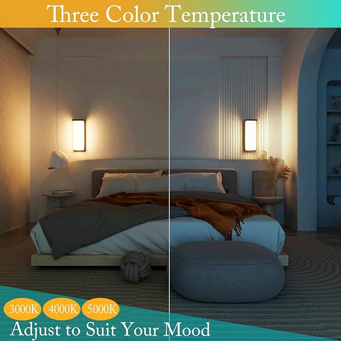 Modern Black Outdoor Wall Light Fixtures, 18/20/22W Porch Lights, IP65 Waterproof, 3-Color Temp Adjustable, Dawn to Dusk Exterior Sconces for House, Front Door, Rectangular Wall Mount