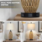 27" Rattan Table Lamps Set of 2, Boho Bedside Lamp for Bedroom with Night Light, Coastal Woven Wicker Nightstand Lamps with USB A+C Charging Port & AC Outlet, Tall Farmhouse Living Room Lamp