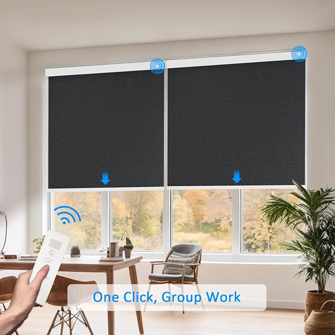 Motorized Blinds with Remote Cordless Automatic Motorized Shades Custom Blinds for Windows Smart Curtains Compatible with Alexa Google Home(Blackout Jacquard Black,W47 x H72in)