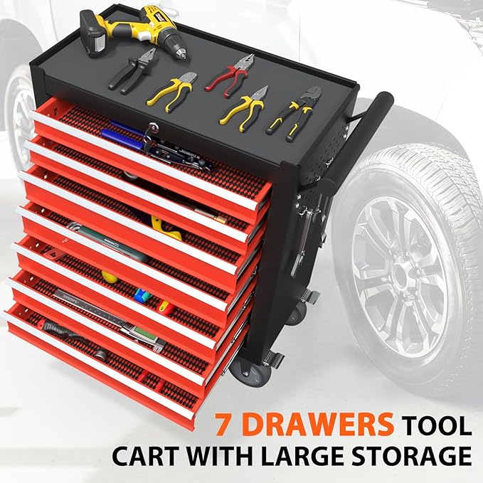 7-Drawer Rolling Tool Chest, Tool Box with 4 Wheels and Drawers, High Capacity Detachable Mobile Tool Storage Cabinet for Garage, Workshop, Mechanics and Repair Room (Black&Red)