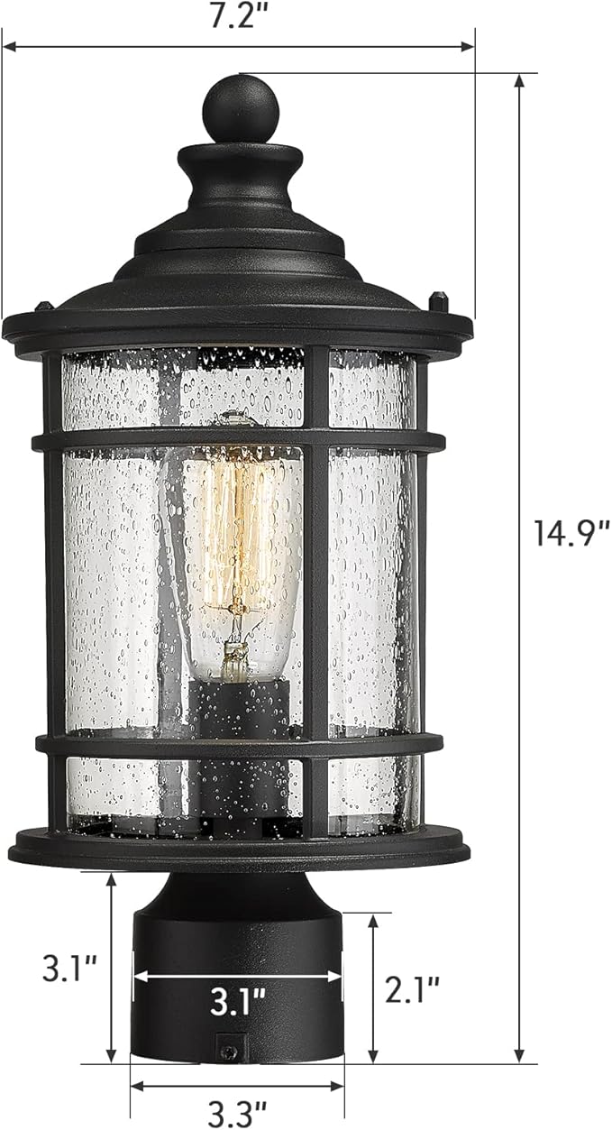 Emliviar Outdoor Post Light Fixtures, 15 Inch Farmhouse Modern Lamp Post Lighting for Outside, Black Finish with Seeded Glass, XE229P BK