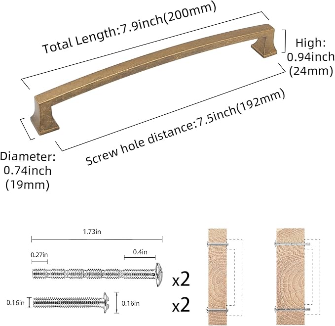 COTYKILEY 10 Pack 7.5 Inch(192mm) Antique Brass Kitchen Cabinet Handles Cabinet Pulls Vintage Drawer Pulls Aged Gold Bronze Kitchen Cabinet Hardware
