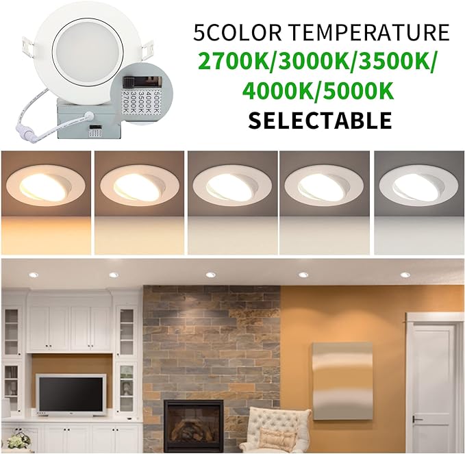 4 Inch Recessed Lighting 6 Pack,Ajustable Led Eyeball Gimbal Light,Led Recessed Lighting 4 Inch Ceiling Light with Junction Box,5CCT Selectable,Airtight,9W 750LM,Dimmable,ETL Listed