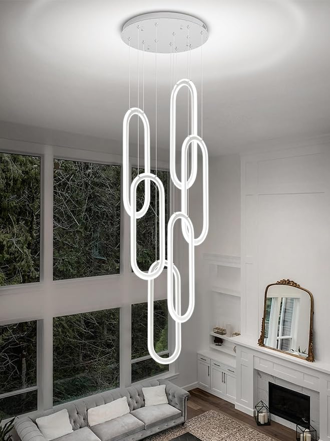 Flashing God Modern Chandelier,Chrome Chandeliers 6 Ring Led Foyer Chandeliers,Larger High Ceiling Chandelier for Living Room,Rectangle Chandelier for Entryway Staircase LED Dimming