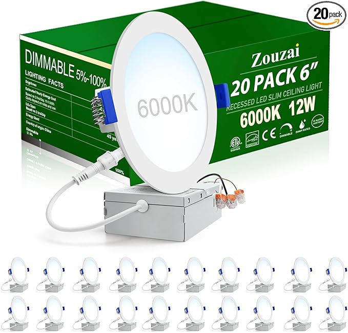 zouzai 20 Pack 6 Inch Ultra-Thin LED Recessed Ceiling Light with Junction Box 6000K Cool White Adjustable Dimmable Can-Killer Downlight - ETL and Energy Star Certified