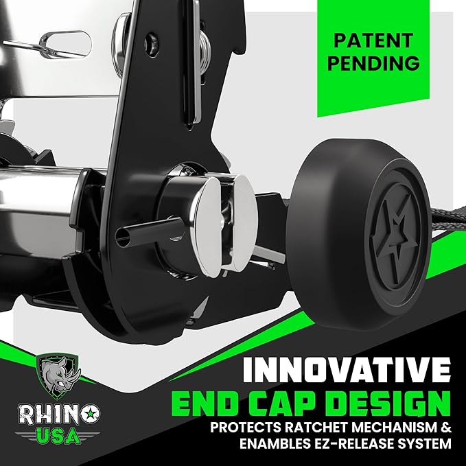 Rhino USA Ratchet Straps Heavy Duty Kit (2-Pack) - 1.6 Inch x 8 Feet (5,208lb Break Strength) - Ultimate Tie Down Straps with Safety S Hooks for Trucks, ATV, UTV, Motorcycle, Cargo & More - Green