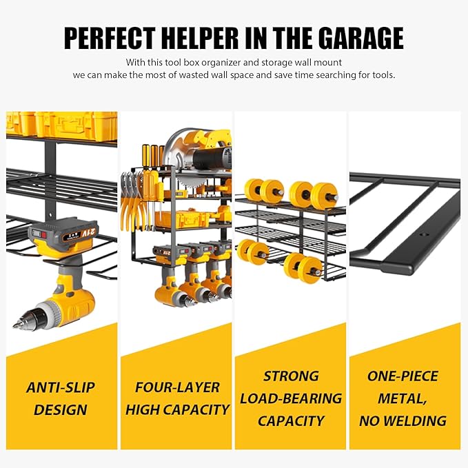Wall Mount Power Tool Organizer, 4 Layer 8 Drill Hangers Storage Rack, Tool Organizers and Storage for Garage, Workshop, Pegboard, Shed - 33 inch