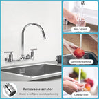 8 Inch Center Wall Mounted Kitchen Faucet, Commercial Sink Faucet with 6" Gooseneck Swivel Spout 2 Handle Utility Faucet for Home Restaurant Compartment Sink