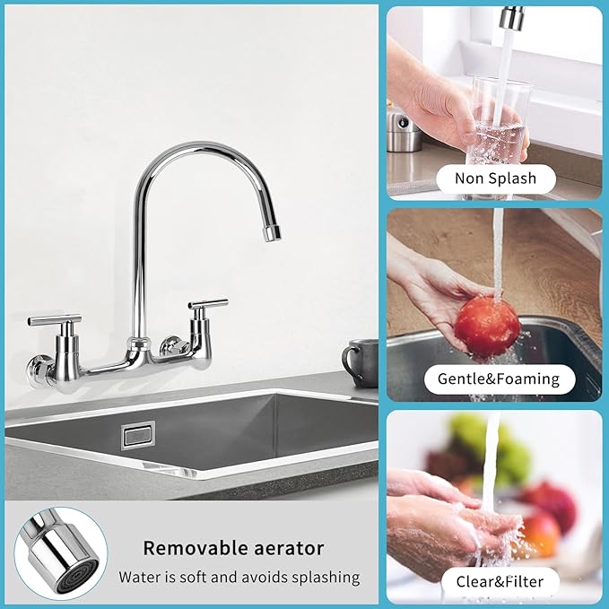 8 Inch Center Wall Mounted Kitchen Faucet, Commercial Sink Faucet with 6" Gooseneck Swivel Spout 2 Handle Utility Faucet for Home Restaurant Compartment Sink