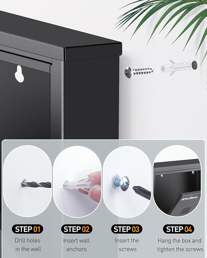 Uniclife Wall Mount Mailbox, Mailboxes for Outside, Large Modern Mail Box with Key Lock, Security Locking Drop Box for Newspaper House Office Outdoor, Black